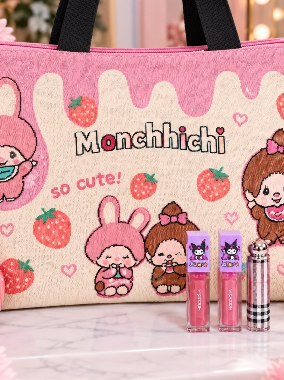 Pink Strawberry Kids Tote Bag
